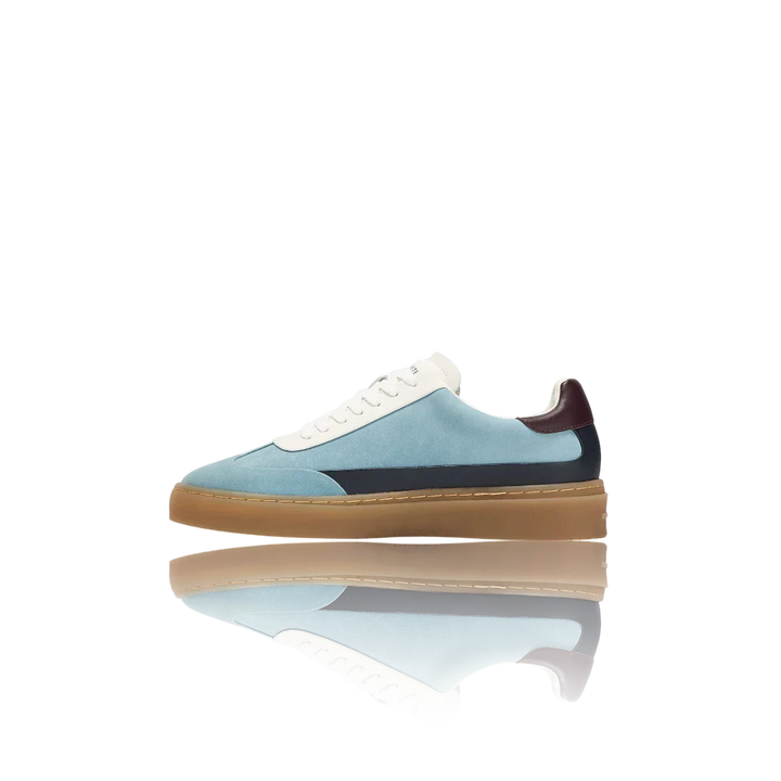 Pale Blue Burgundy White Leather-Trimmed Suede Sneakers