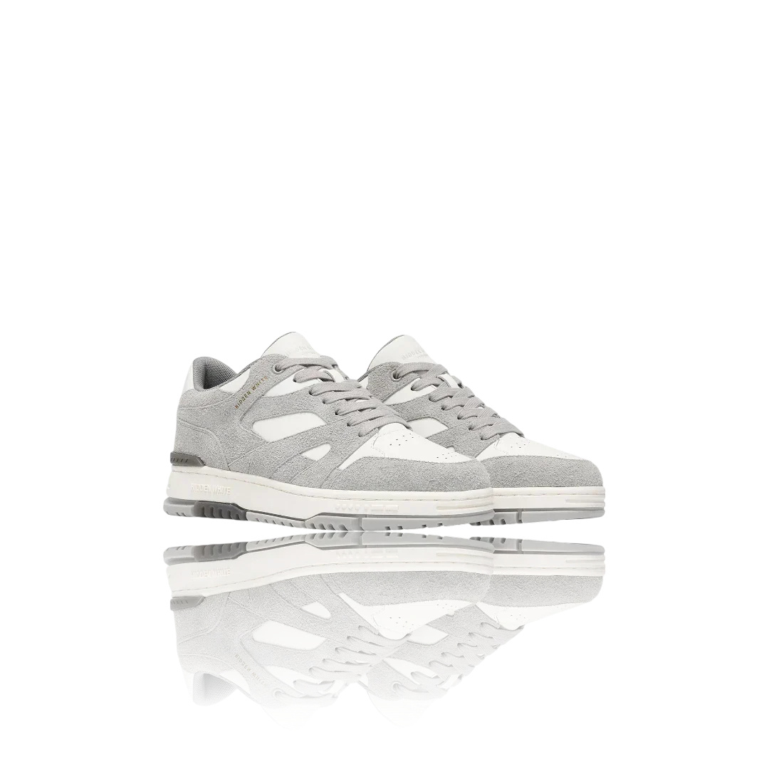 White Grey Suede-Trimmed Leather Sneakers