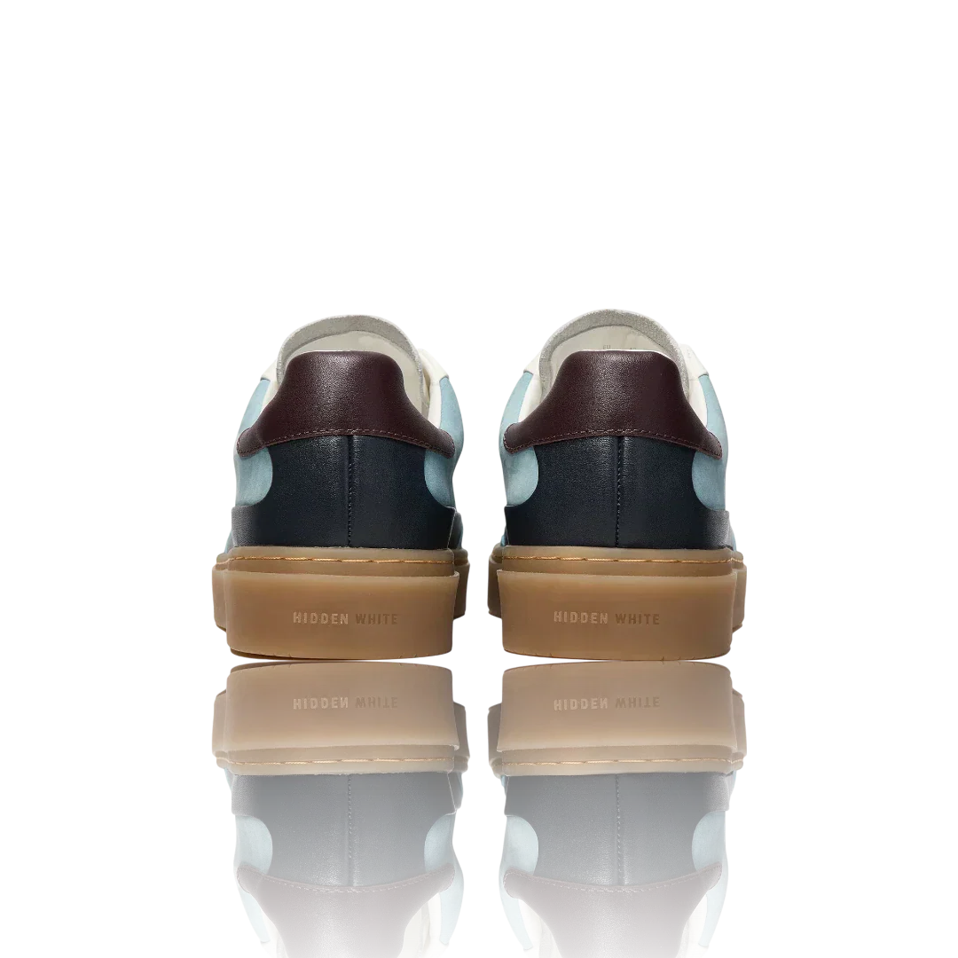 Pale Blue Burgundy White Leather-Trimmed Suede Sneakers