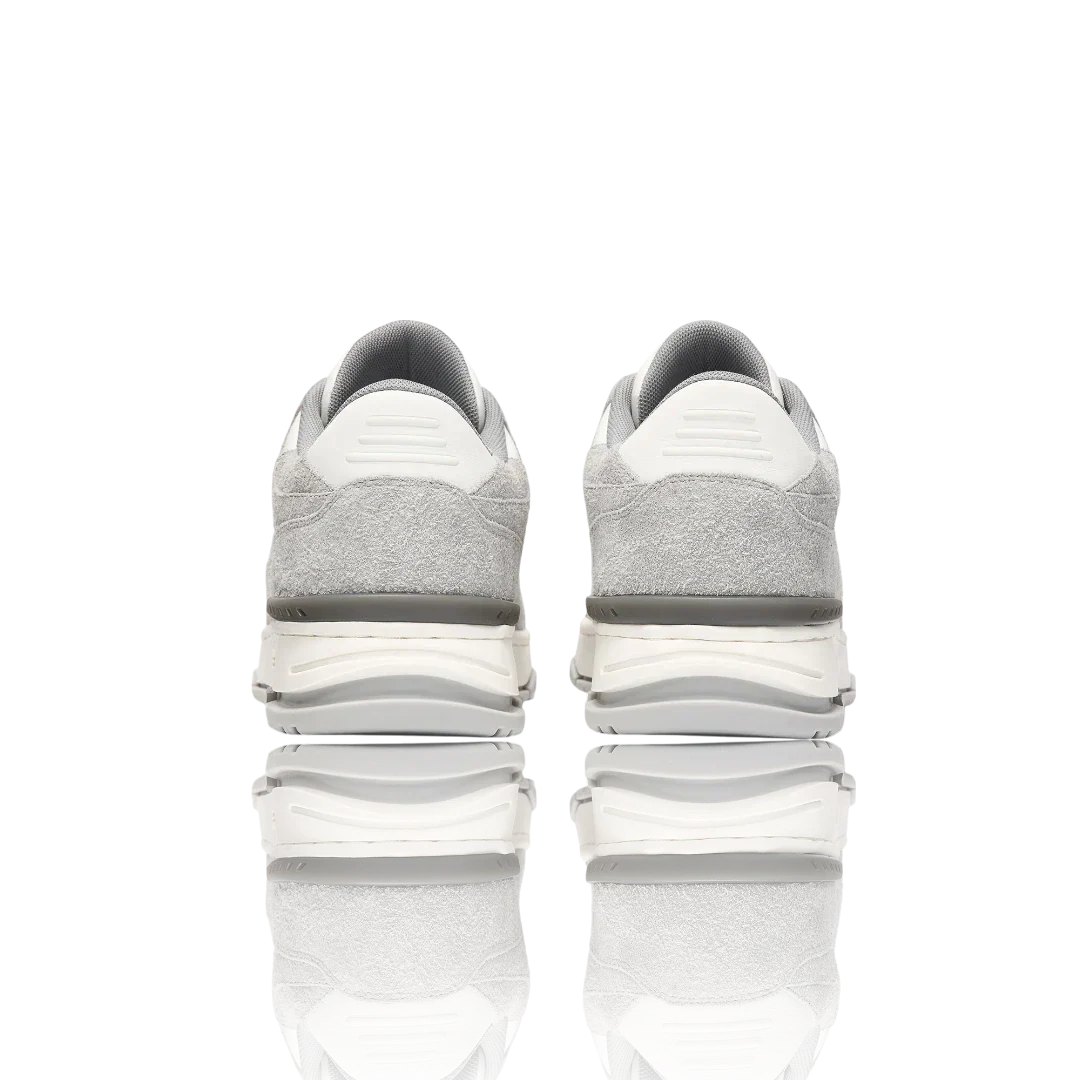 White Grey Suede-Trimmed Leather Sneakers