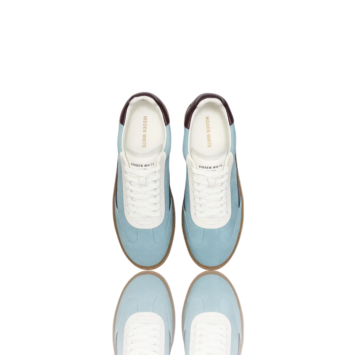 Pale Blue Burgundy White Leather-Trimmed Suede Sneakers