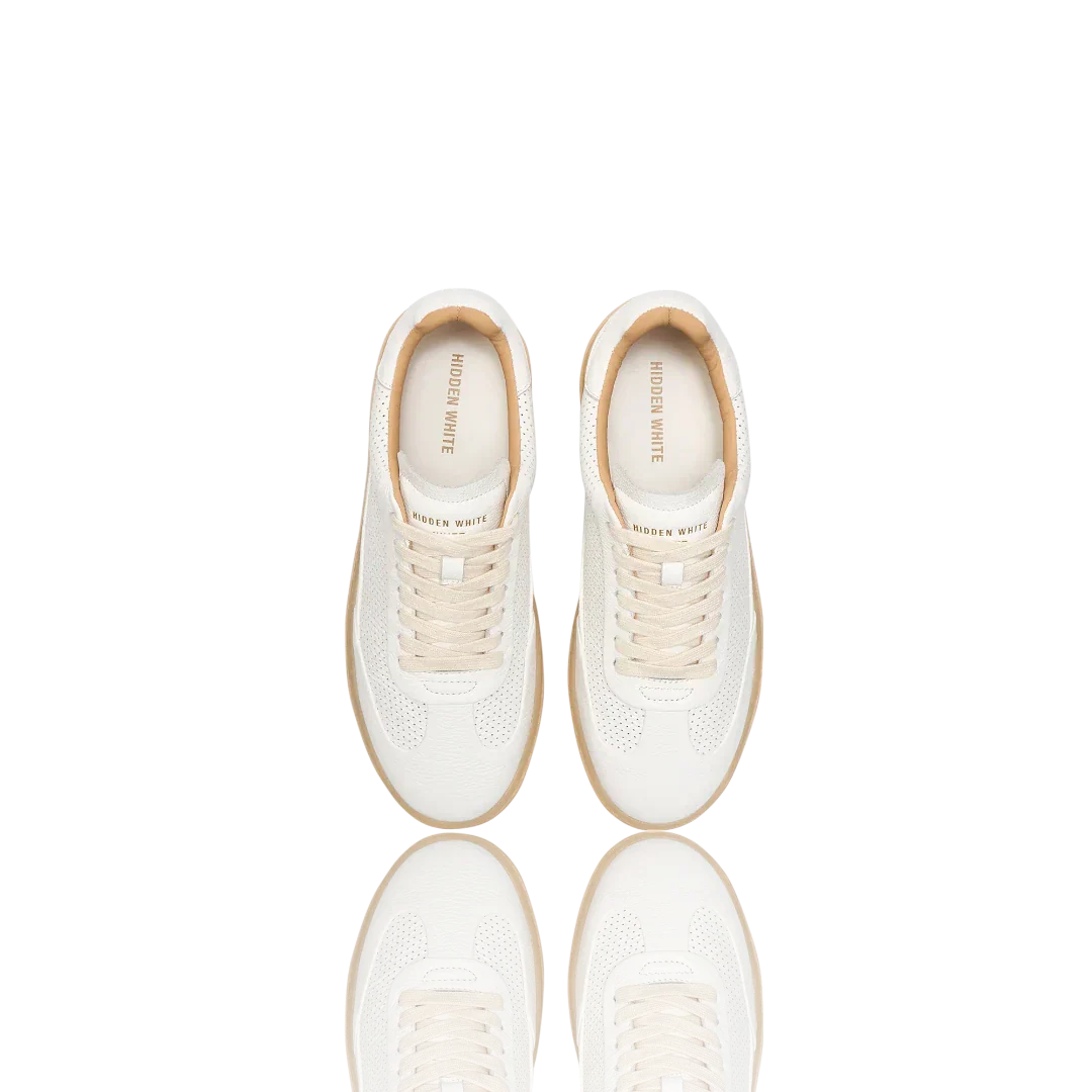 White Leather-Trimmed Perforated Leather Sneakers