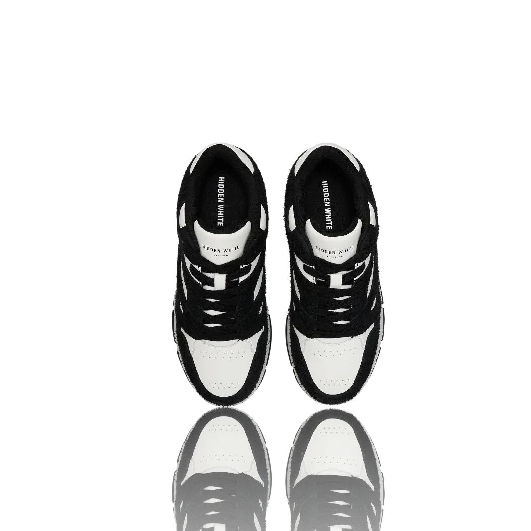 White Black Suede-Trimmed Leather Sneakers