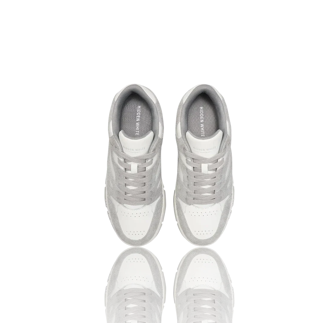 White Grey Suede-Trimmed Leather Sneakers