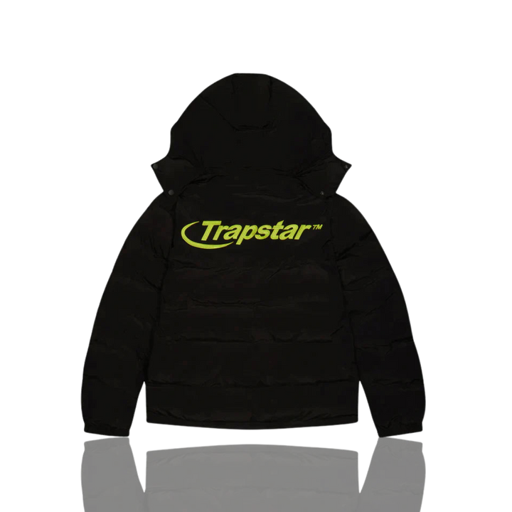 Trapstar Black and Lime Hyperdrive Detachable Hooded Puffer Jacket